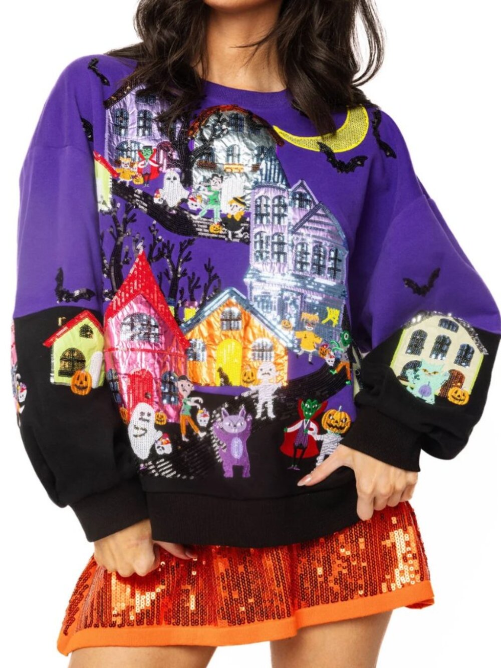 Queen of Sparkles Purple Trick Or Treat Halloween Scene Sweatshirt